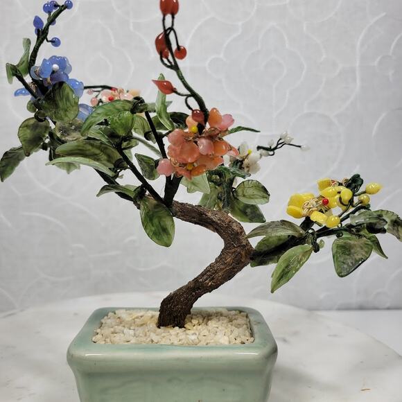 Vintage Bonsai Tree Jade Glass 8" Japanese Oriental Flower Blossom Ceramic Pot - Picture 13 of 15